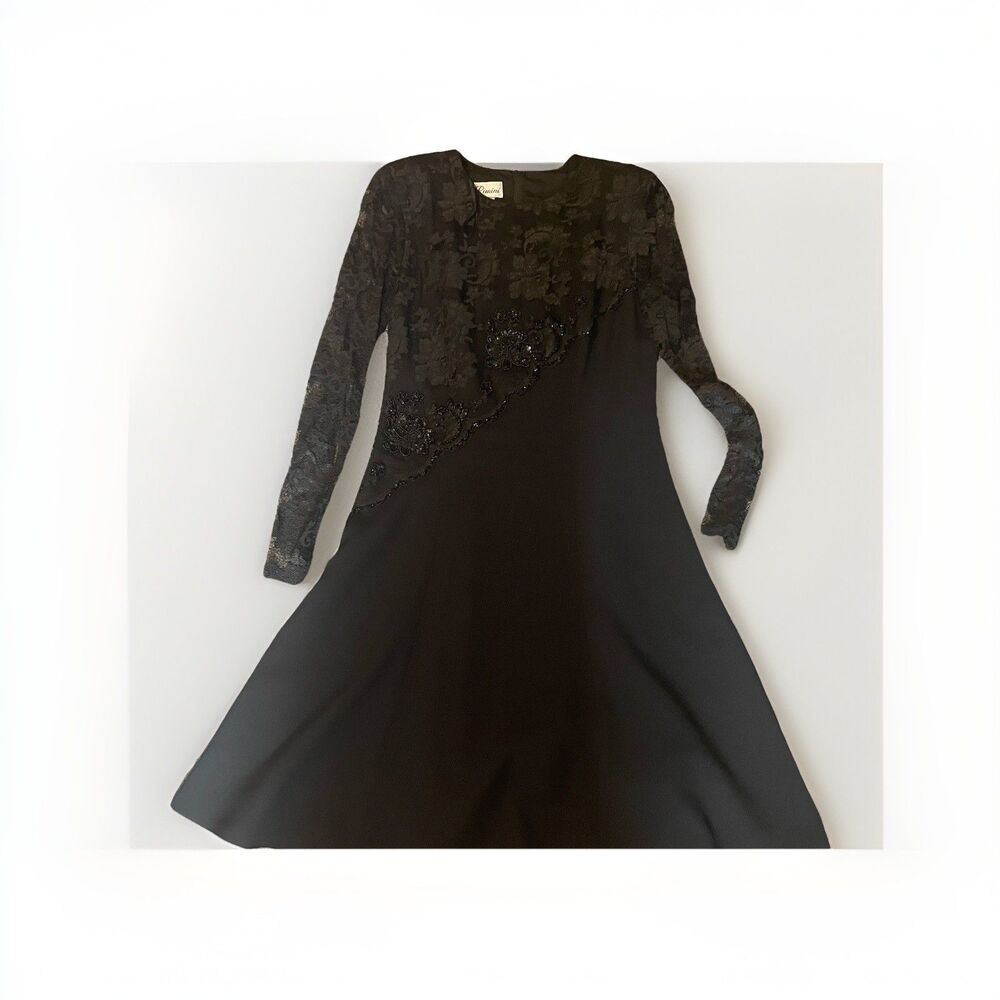 Vintage Rimini Black Beaded Lace Sleeve Dress Size 8